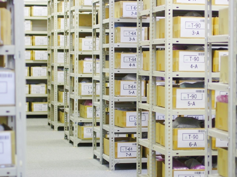 Barcode-managed shelving in the climate controlled warehouse in Nagoya, Japan
